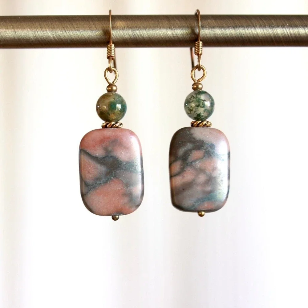 Handmade Rhodonite & Moss Agate Dangle Drop Earrings Bohemian Fairy Cottagecore‎